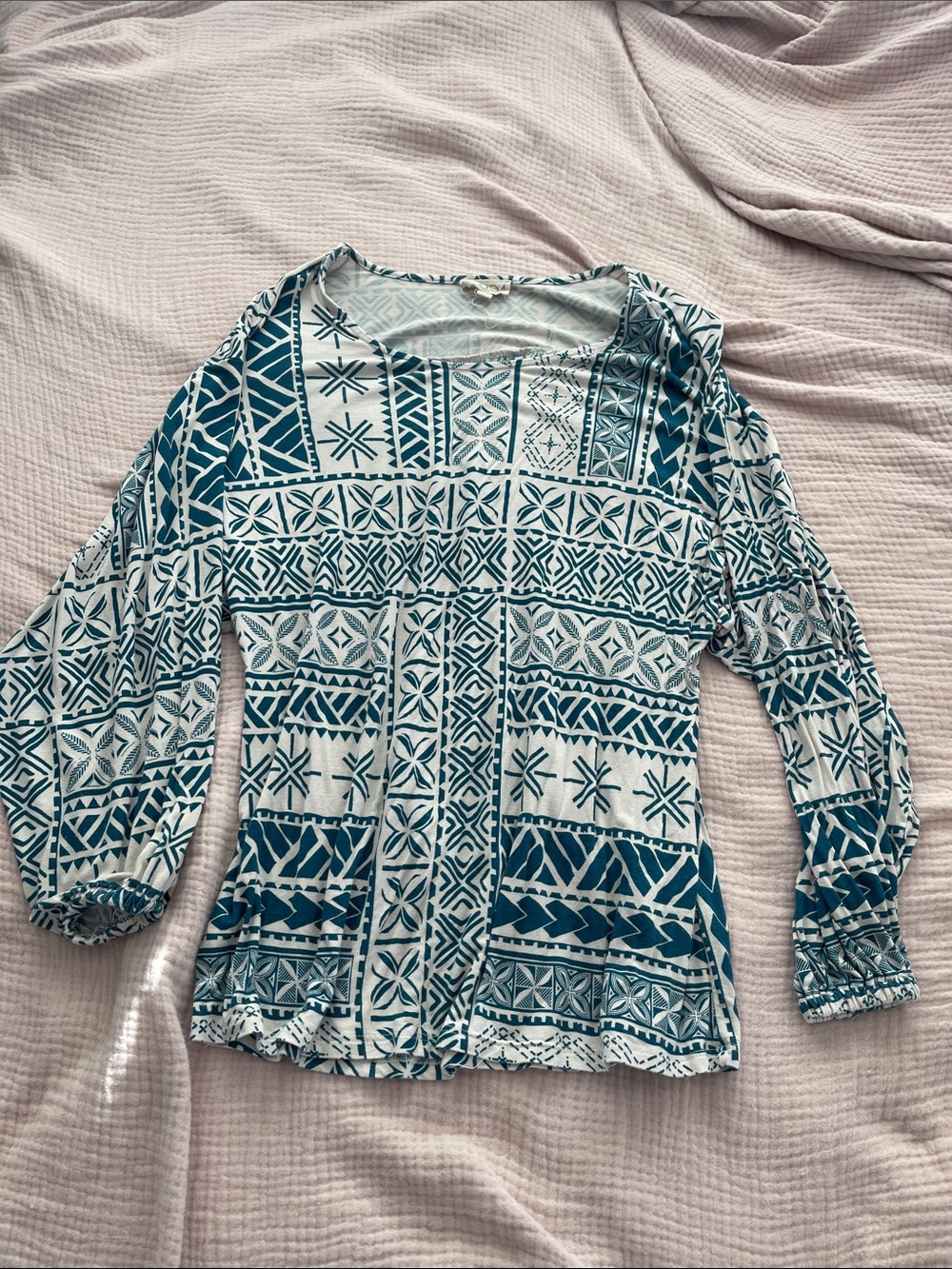 Tanoa Teal and White Printed Peasant Blouse